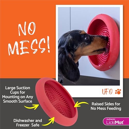 New LickiMat UFO Pink - Bathing, Shower & Grooming Distractor, Natural Rubber Large Licking Nubs, Unique Dribble Catcher Design, Slow Feeder Dog Bowl