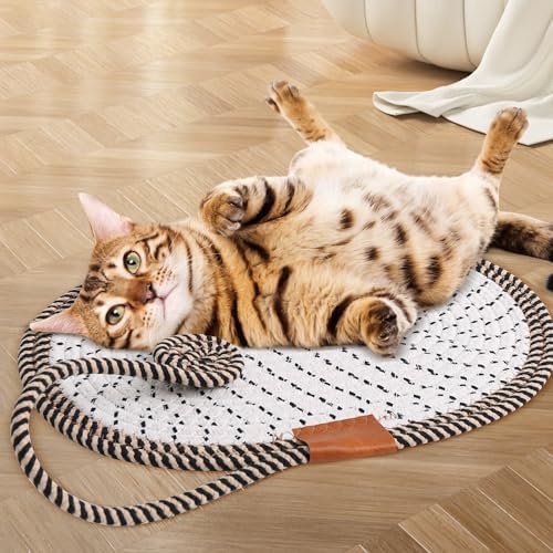 Cat Scratcher Mat Natural Cotton Rope Oval Horizontal Floor Cat Scratch Bed Pad with Ball Toy Protector for Furniture Floor Wall (Brown, 1 PC)