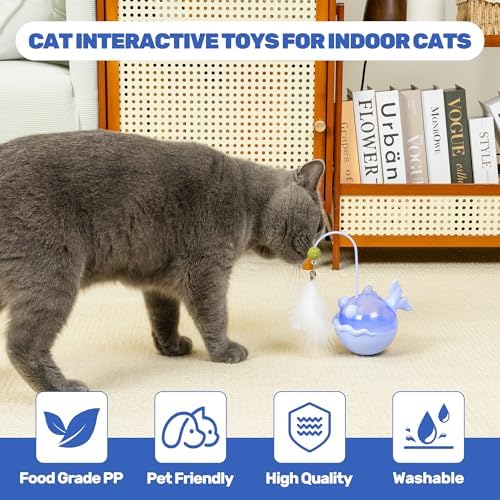 Cat Interactive Toys,Wobble Kitten Treat Dispensing Ball with Catnip and Feathers, Indoor Puzzle Slow Feeding, Cats Treat Dispenser Kicker Toy for Large, Medium and Small Cats (Blue, Fish