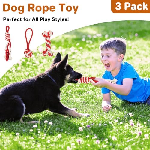 3 Pack Cotton Rope Dog Toy Set, Indestructible Chew Toys for Aggressive Chewers, Puppy Teething Toys with Bone, Human & Rope Dog Ball Designs for Boredom Relief & Tug of War， Red-White