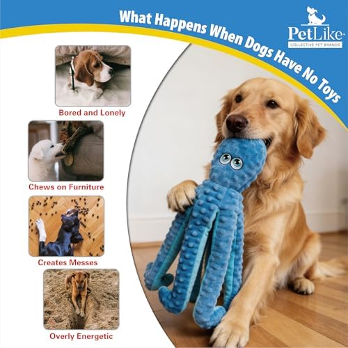 PetLike 2 Pack Squeaky Octopus Dog Toys, Durable Stuffing Plush Chew Toys with Crinkle Paper, Reinforced Liner Interactive Toys for Medium & Large Dogs (Pink+Blue, Large)