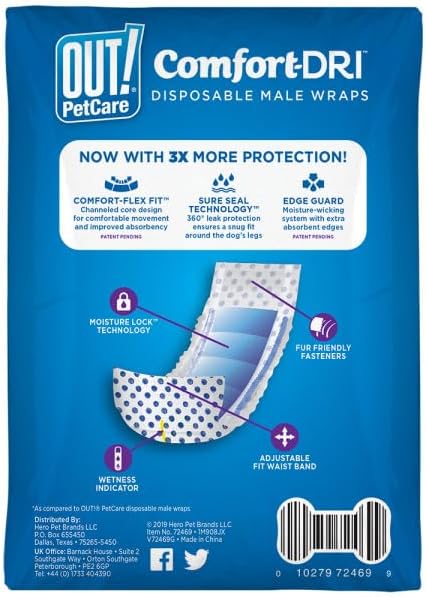OUT! PetCare Male Dog Diapers, Disposable Belly Bands, XS/S, 12 Count | Dog Belly Bands, Potty Training, Incontinence Support, Leak Proof, Disposable Wraps, Male Wrap, Puppy Essentials, Dog Wrap