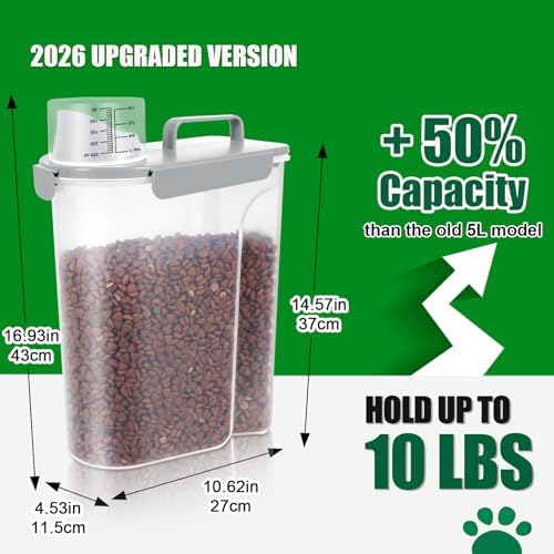 TBMax 10 lbs Cat Dog Food Storage Container, 2026 Upgraded Large Pouring Container for Pet Food Storage, Bird Seed Dispenser, Portable Travel Kibble Holder -Light Gray