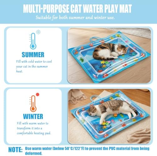 Cat Water Mat with Protective Bag, Scratch Resistant Thickened PVC Water Play Mat, Summer Cooling Interactive Water Filled Mat, Portable Foldable Paw Proof Cat Toy Mat for Indoor Outdoor (B)