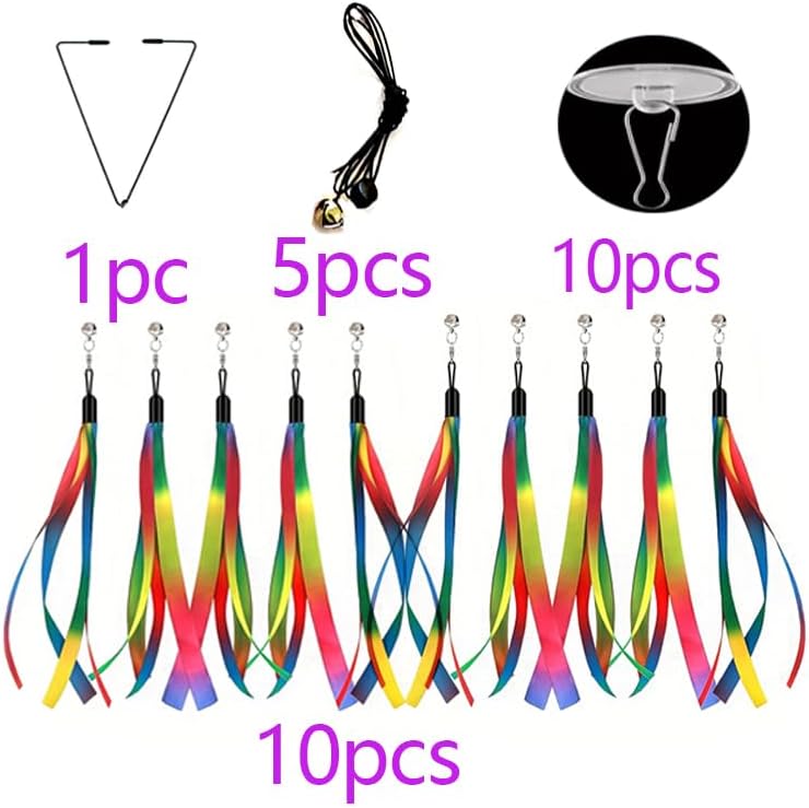Door Hanging Cat Toys with Suction Cups, Interactive Hanging Feather & Plush Cat Toy with Bell, Assorted Replaceable Refills for Indoor Kitten Hunting Exercise (Ribbon Set (10Pcs))