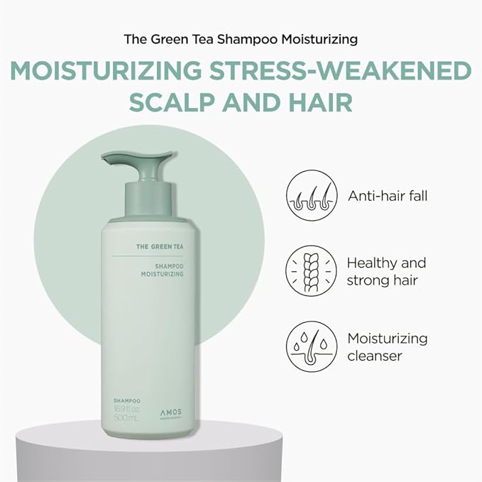 AMOS PROFESSIONAL The Green Tea Shampoo Moisturizing for Thinning Hair, Korean Shampoo for Dry Scalp l Flaky & Itchy Scalp, Strengthening Hair, All Hair Types, 16.9 fl. oz.