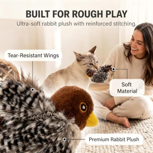 Tweet Paw Cat Toy Interactive Flapping Bird with Real Chirping Sounds, Motion Activated Realistic Sparrow for Indoor Cats, USB Rechargeable, Washable with Catnip Pouch