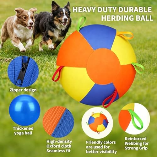 Herding Ball for Dogs,10 Inch Dog Training Balls with Heavy-Duty Handle Cover and Pump,Interactive Dog Toy Herding Ball for Australian Shepherd, Border Collie, Large Breed