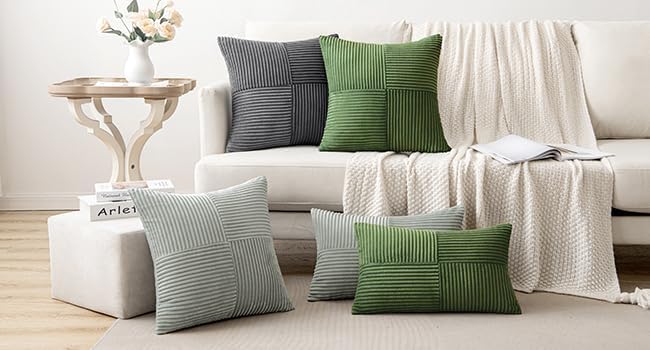 MIULEE Moss Green Decorative Throw Pillow Covers for Couch 18x18 Inch | 2 Pack, Boho Farmhouse Pillow Covers, Soft Cross Corduroy Patchwork Textured Cushion Cases For Bed Sofa