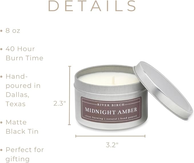 River Birch Candles Midnight Amber Scented Candle | Premium, All-Natural, Non-Toxic, Soy Wax | 8 oz. Silver Travel Tin | Cozy Relaxing Gifts for Home