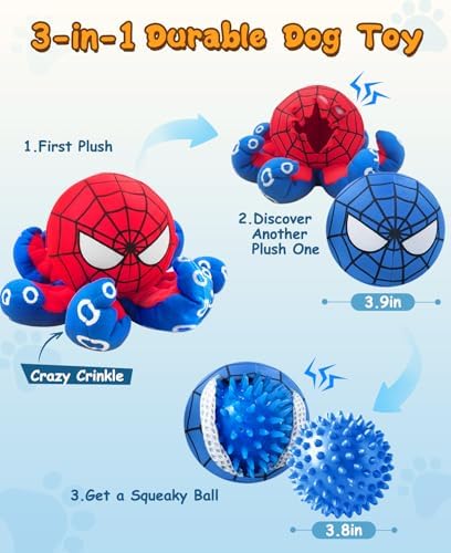 3 in 1 Tear Apart Squeaky Dog Toy - Spider Stuffed Rip and Reveal Dog Toy, Plush Interactive Pet Toy with Spikey Ball Inside for Small Medium Pets to Keep Them Busy
