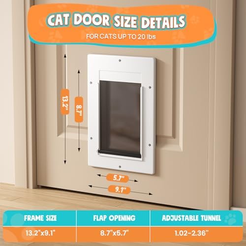 Cat Door for Interior & Exterior Doors, Pets Up to 20 lb, White | Soft Magnetic Flap, Sliding Lock Panel, Adjustable Tunnel, Save energy, Prevents Paw Pinching, Easy DIY Installation