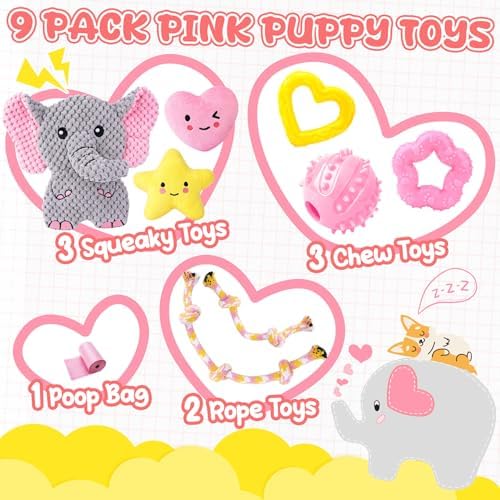 XIUGOAL Pink Puppy Toys - 9 Pack Puppy Chew Toys for Teething, Enrichment Dog Toys for Small Dogs to Keep Them Busy, Squeaky Plush Toy for Boredom