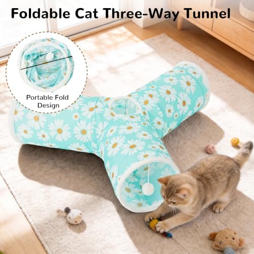 Tempcore Cat Tunnel, 3-Way Collapsible Toy, Large Size Daisy Blue Printed