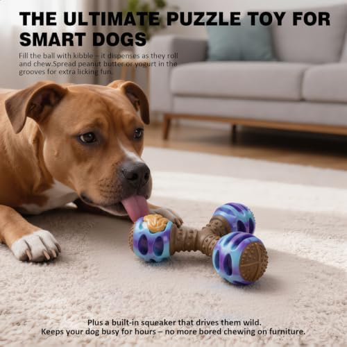 MECOOL Durable Dog Chew Toys for Medium Dogs - Squeaky Rubber Balls with Nylon Reinforcement, Interactive Lick & Chew Toy for Aggressive Chewers, Pet Teething Toy Blue,Bacon Flavored