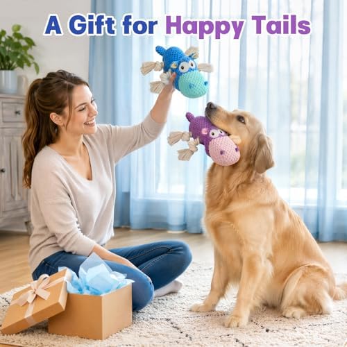 TOOPTATE 2-Pack Squeaky Hippo Dog Toys, Blue & Purple, Medium