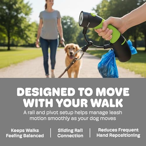 Dog Gone Smart I’m Gismo Handle with Poop Bag Dispenser - Ergonomic One-Hand Leash Holder with Silicone Grip - Smooth Rail System for Controlled Walks - Supports Dogs Up to 85 lbs - Lime Green