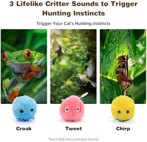 3 Pack Fluffy Cat Toy Ball, Interactive Chirping Plush Cat Toy with 3 Lifelike Animal Chirps & Refillable Catnip for Indoor Kitten & Small Pets