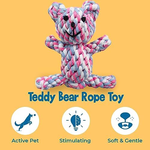 SunGrow Teddy Bear Puppy Teething Toy, Durable Tug and Chew Play for Small & Medium Dogs, Knotted Rope Cotton Design for Teething Comfort, Interactive Training, Active Pet, & Oral Cleaning