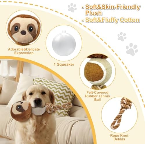 10.24 Inch Sloth Squeaky Dog Toy with Tennis Ball & Rope, Plush Chew Toy for Puppy Teething, Interactive Tug of War Toy for Small Medium Large Dogs
