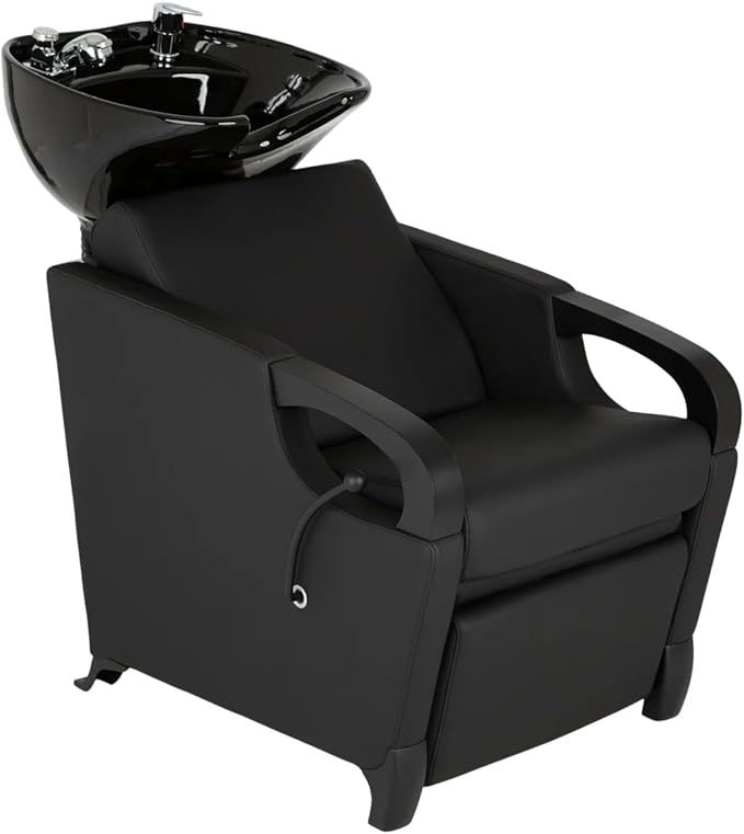 Buy-Rite Luna Noir Shampoo Backwash Unit – Black Porcelain Tilting Bowl, Lever-Activated Leg Rest, Extra Wide Padded Seat, Mid-Century Modern Style, Salon Chair & Sink Combo, YLG-583-1-BLACK