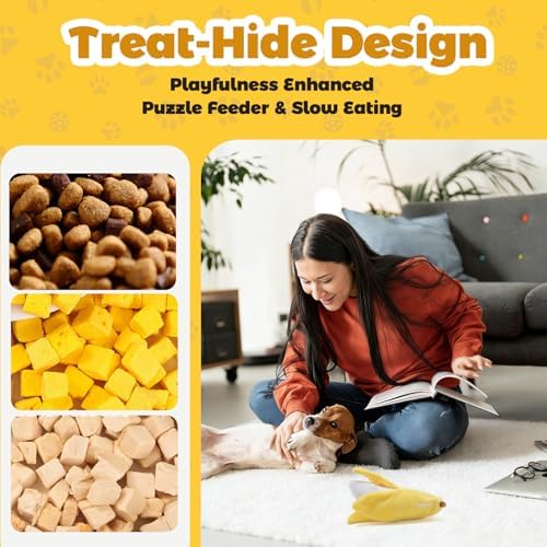 Banana Treat-Dispensing Plush Toy for Small Dogs & Puppies: Hide and Seek Squeaker, Crinkle Sounds, Chew for Teething and Aggressive Chewers
