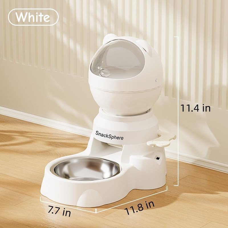 Automatic Food Dispenser Gravity Feeder & Push Button Pet Feeder, Treat Dispenser with Button for Slow Feeder, 1.5L Capacity, Two Ways to Use (White)