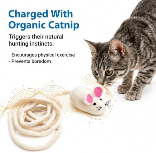 Glaciart One Felt Mouse Cat Toy – Soft Fuzzy Enrichment 100% Natural Wool - Interactive Catnip Play Cat Toy Set - Safe for Pets, Non-AZO Colored Dyes - 100” Long