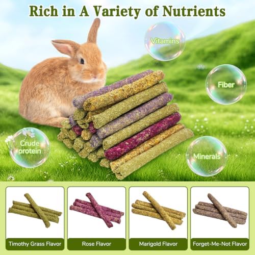 Fhiny 68 PCS Rabbit Chew Sticks, Natural Petals Timothy Hay Sticks Guinea Pig Chewing Toys for Teeth Small Animals Molar Snacks for Bunny Guinea Pig Chinchilla Hamster