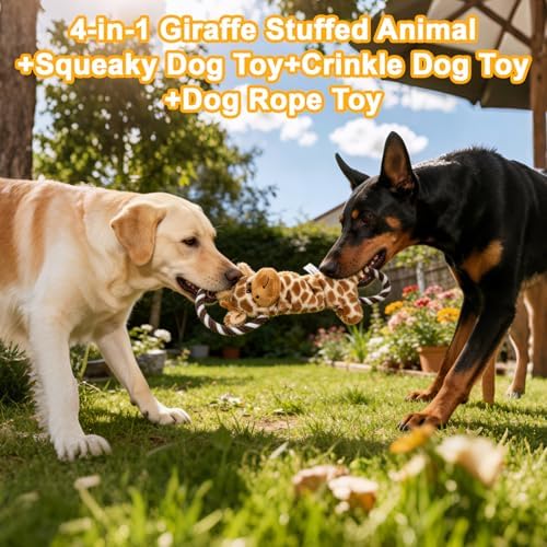 15.55 Inch Giraffe Squeaky Dog Toy with Crinkle Paper & Rope, Plush Chew Toy for Puppy Teething, Interactive Tug of War Toy for Small Medium Large Dogs