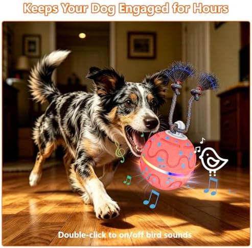 Interactive Dog Ball Toy with 2 Rope, Automatic Rolling & Bouncing Smart Dog Toy with Bird Chirping Sound and LED Light, Soft ETPU Chew-Safe Material, USB Rechargeable, for Medium & Large Dogs