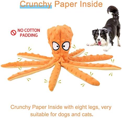 WishLotus Octopus Dog Chew Toy, No Stuffing Plush Dog Squeaky Toy with Crinkle Paper in Legs, Corduroy Interactive Dogs Play Teething Toys for Small, Medium Dogs (Orange)
