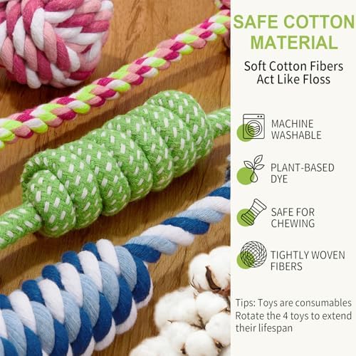 Dog Rope Toys for Small Dogs & Puppies, Pink Cotton Teething Toys