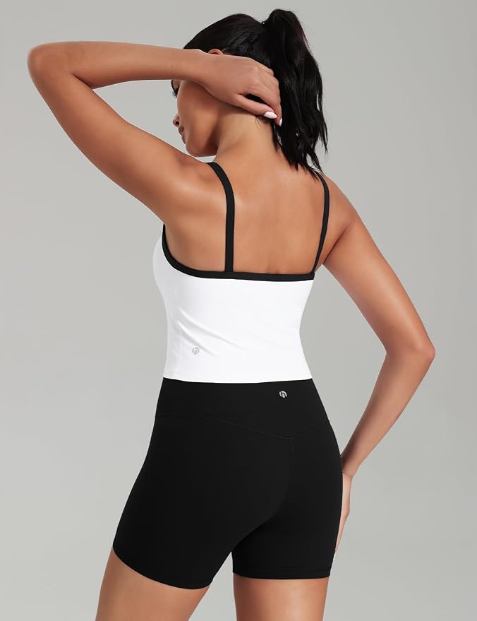 HeyNuts Vintage Color-Block Strappy Crop Tank Top for Womens, Cute Contrasting Trim Yoga Longline Sports Bras Padded A-D Cups