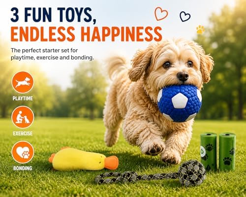 Dog Toys for Small Dogs, 5 Pack Interactive Dog Toy Set with Squeaky Latex Ball, Duck Plush Toy, Rope Tug Toy and Waste Bags, Indoor Fetch, Chew & Play Toys for Small Breeds (Blue/White)