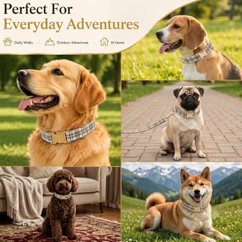 Soft Cotton Dog Collar Classic Plaid Pet Collars with Metal Clasp for Large Dogs with Sensitive Skin, Creamy Countryside