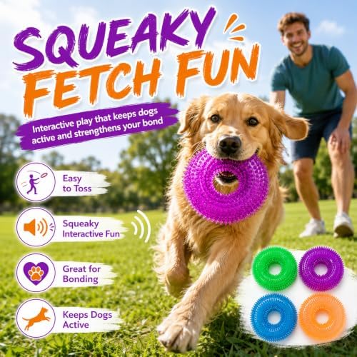 Dog Chew Toys for Aggressive Chewers, Squeaky Floating Donut Rings, 4 Pack