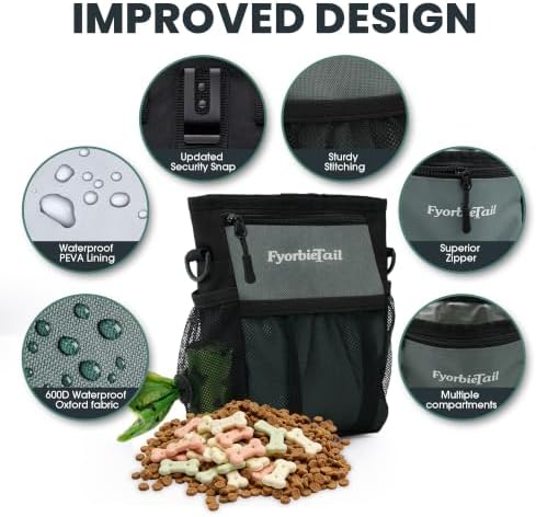 Dog Treat Pouch, 4 Cup Training Bag, Magnetic Closure, 3 Way Wear, Gray | 600D waterproof Oxford fabric, multi pocket storage, zipper and mesh pockets, pull out poop bag dispenser, includes 2 rolls