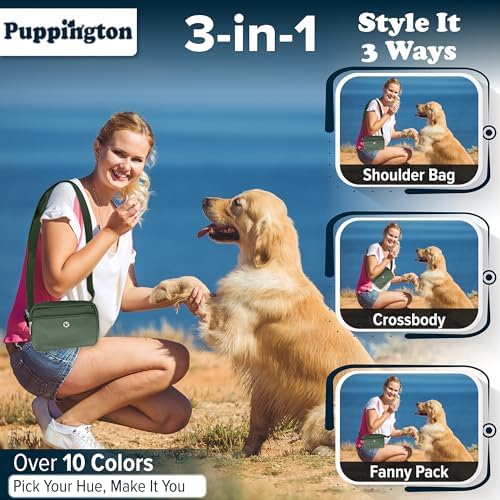 Puppington 3-in-1 Crossbody Bag & Dog Treat Pouch for Pet Training - Matching Compostable Poop Bags, Built-In Poop Bag Dispenser & Slow-Feeding Travel Dog Bowl - Dog Walking Bag (Basil Green)