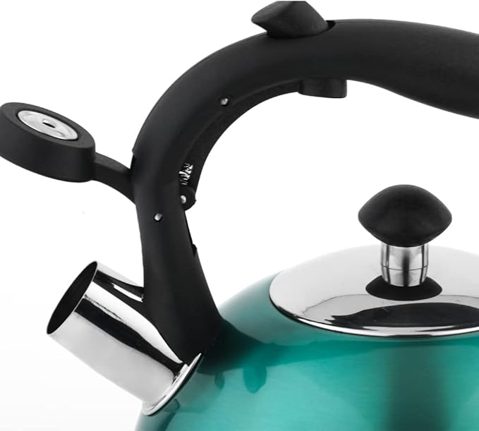 Amazon Basics Stovetop Whistling Tea Kettle, Fast Boiling, Stainless Steel, Food Grade, Ergonomic Handle, 2.3 Liter, Teal