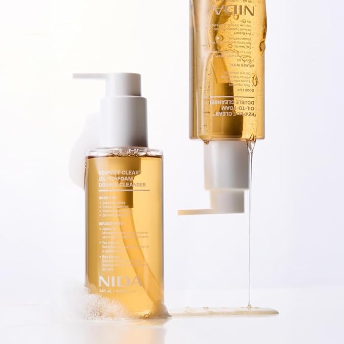 NIDA Perfect Clear™ Oil-To-Foam Double Cleanser | Jojoba Oil, Tea Tree Oil, Rice Extract | Good for Daily Impurities, Excess Sebum, Pore Cleaning, Blackheads, Dirt and Pollutants | 4.90 fl. oz., 145ml