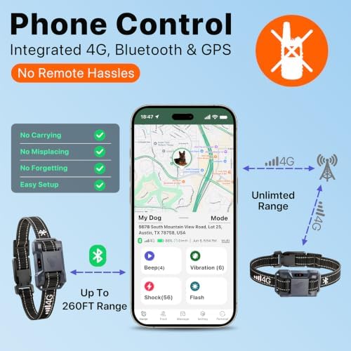 Bluetooth 4G Dog Shock Collar, Unlimited Dog Training Collar with Remote Control Beep Vibration(1‑16) Safe Shock(1‑99), Rechargeable Waterproof Shock Collar for Dogs 5-120lbs, Small Medium Large