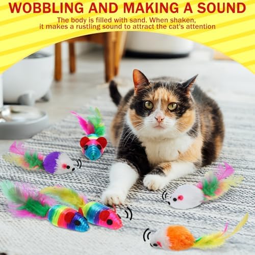 100 Pcs Furry Cat Toys Mice Bulk Rattle Sound Rainbow Mouse with Fuzzy Toys for Indoor Kitten Small Mouse Interactive Catch Play Assorted Color