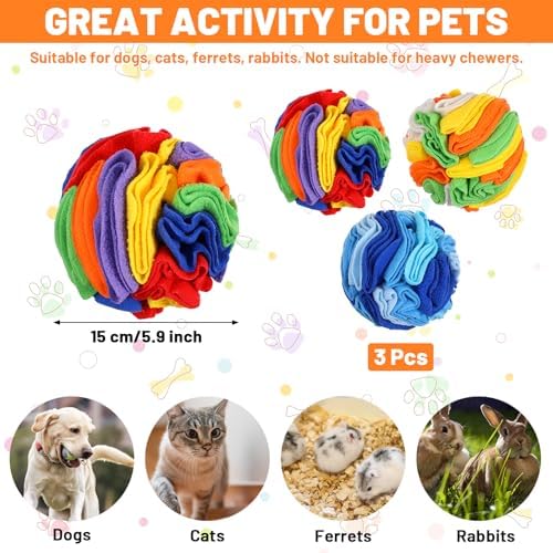 3 Packs Snuffle Ball for Dogs - Sniffle Interactive Treat Ball, Stress Relief, Slow Feeder, Puzzle Toy for Small Medium Dogs Cats, Soft Polar Fleece, Rainbow, Vitality Orange & Ocean Blue, 5.9 Inches