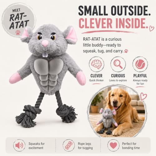 Funny Muscle Mouse Dog Toy with Squeaky Rubber Chest & Rope Legs, Interactive Plush Toy for Medium to Large Dogs, Multi-Texture Toy for Tug, Toss & Supervised Play