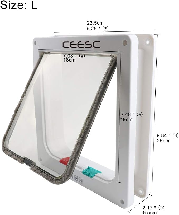 CEESC Cat Flap Door Magnetic Pet Door with 4 Way Lock for Cats, Kitties and Kittens, 2 Sizes and 2 Colors Options (L- Inner Size: 7.08"(W) x 7.48"(H), White)