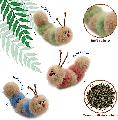 Jumpaws Interactive Natural Catnip Toy, with Rattle, Bite Resistant, for All Ages Indoor Cat, Shape of Caterpillar, Kitten Toy (Small/ 3 Pck/Cat Toy)
