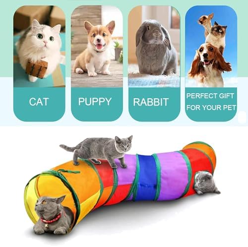 Collapsible Durable Rainbow Cat S-Tunnel & Chew Rope Set, Interactive Indoor Kitten Toy for Active Play