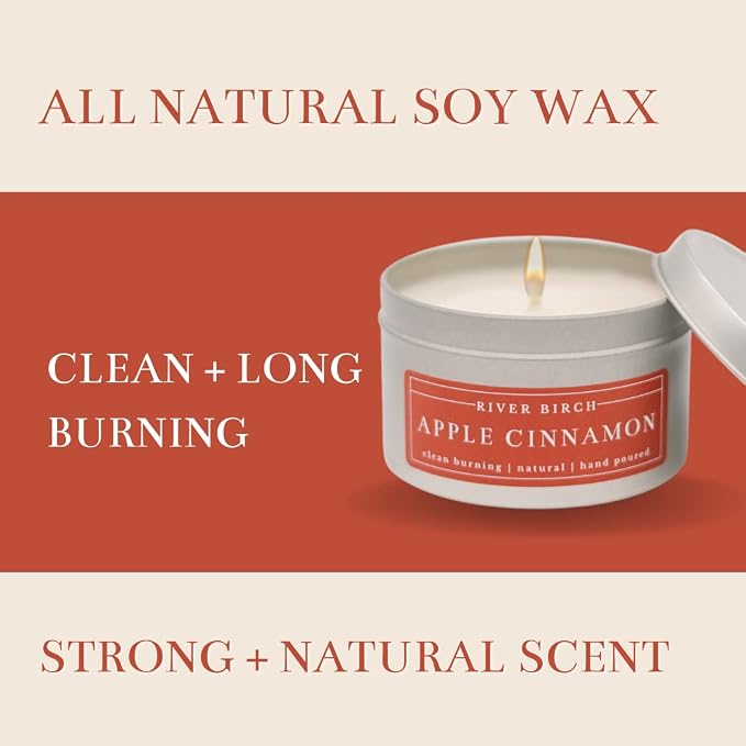 River Birch Candles Apple Cinnamon Scented Candle | Premium, All-Natural, Non-Toxic, Soy Candles | 8 oz. Silver Tin Travel Candle | Cozy Relaxing Gifts for Home