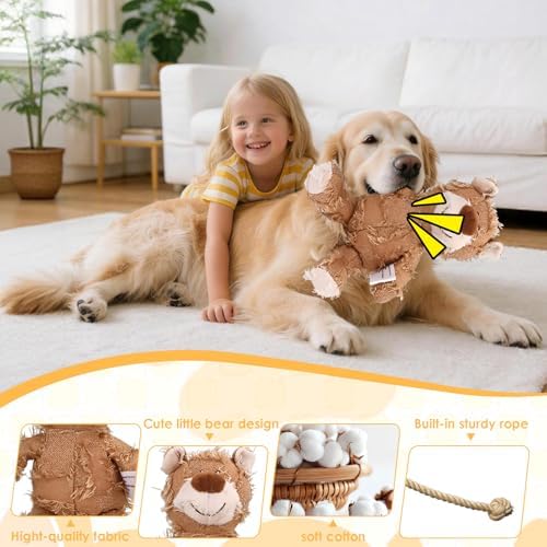 MAXBECK Dog Companion for Heavy Chewers- Indestructible Robust Bear Dog Toy, Resistant Squeaky Dog Toys for Heavy Chewers, Unbreakable Stuffed Plush Dog Toys for Aggressive Chewers (B-Oak)